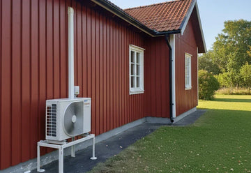 Ett vitfärgat luftvärmepumpsaggregat står monterat på ett stativ vid sidan av en traditionell röd svensk sommarstuga (Falu rödfärg) med vita knutar och fönster.